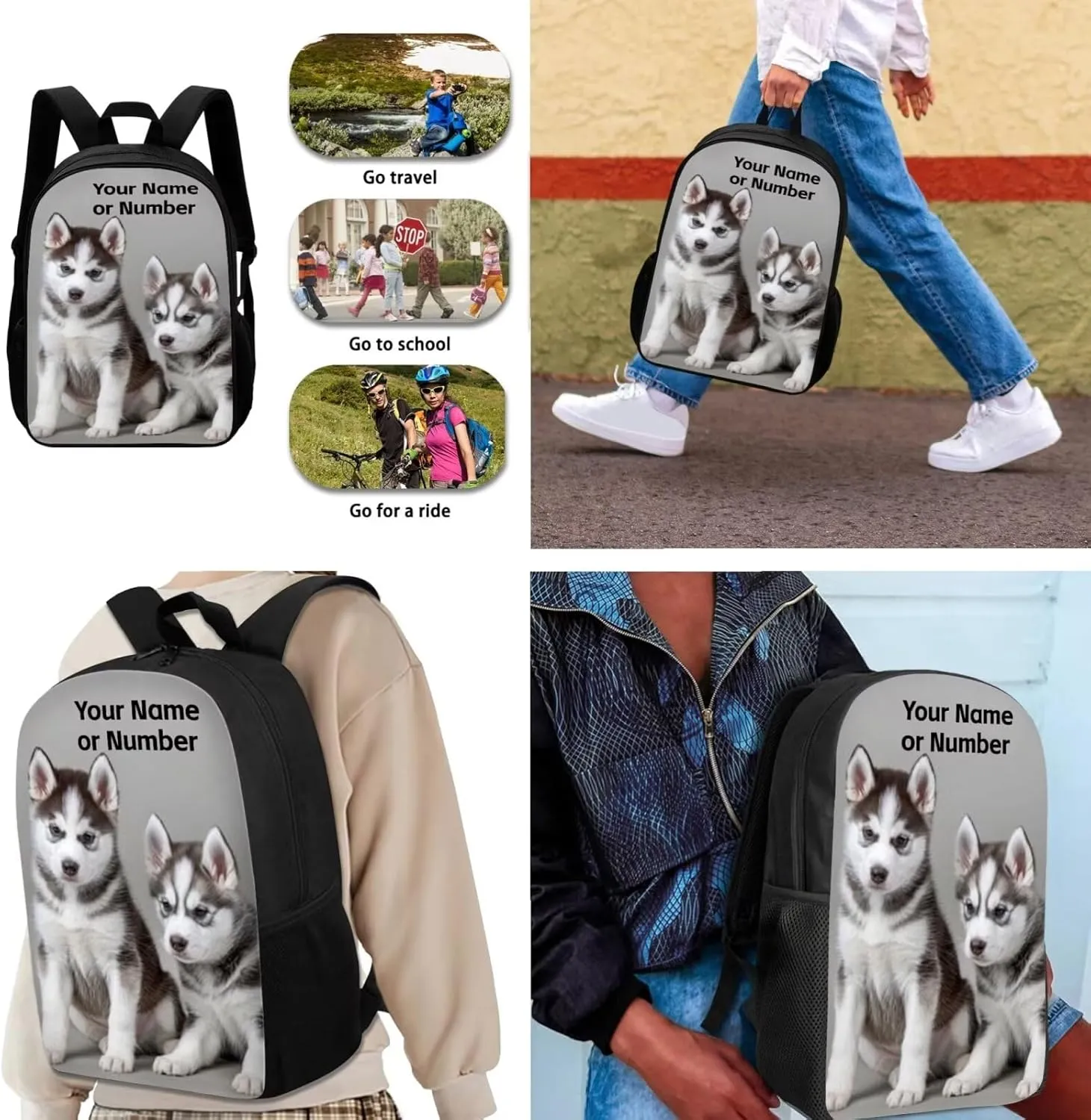 3PCS Husky School Bookbag with Lunch Bag Pencil Case for Boys Girls, 17 Inch Custom Backpack for Girls School Backpack for 10-12 Boys Backpack for School Travel, Grey