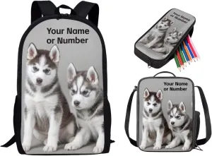 3PCS Husky School Bookbag with Lunch Bag Pencil Case for Boys Girls, 17 Inch Custom Backpack for Girls School Backpack for 10-12 Boys Backpack for School Travel, Grey