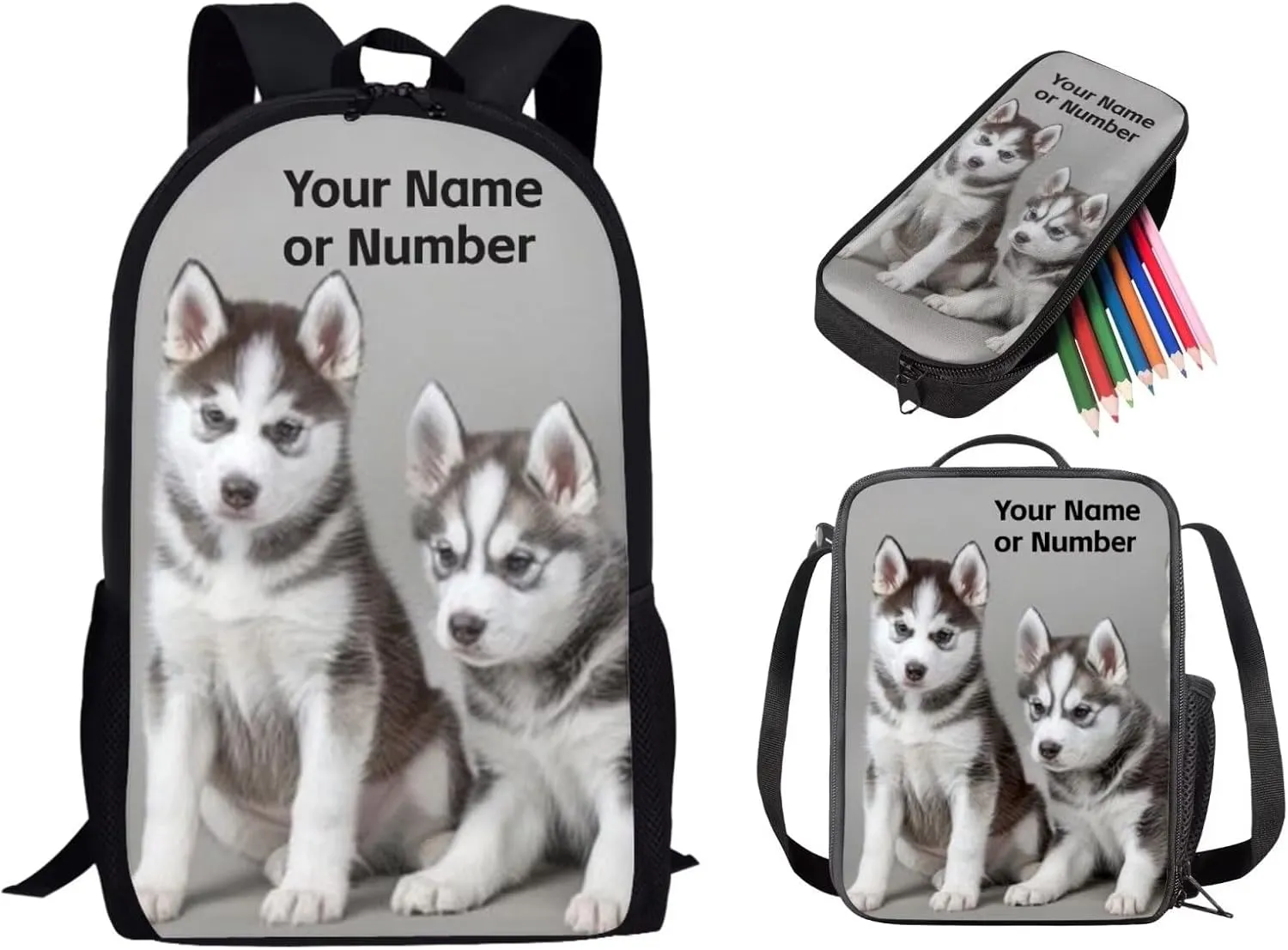 3PCS Husky School Bookbag with Lunch Bag Pencil Case for Boys Girls, 17 Inch Custom Backpack for Girls School Backpack for 10-12 Boys Backpack for School Travel, Grey