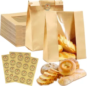 40 Pack Paper Bread Bags for Homemade Bread, Large Loaf Bag with Window Includes 40 Stickers，Food Packaging Storage Popcorn Cookie Treat Bakery Bag