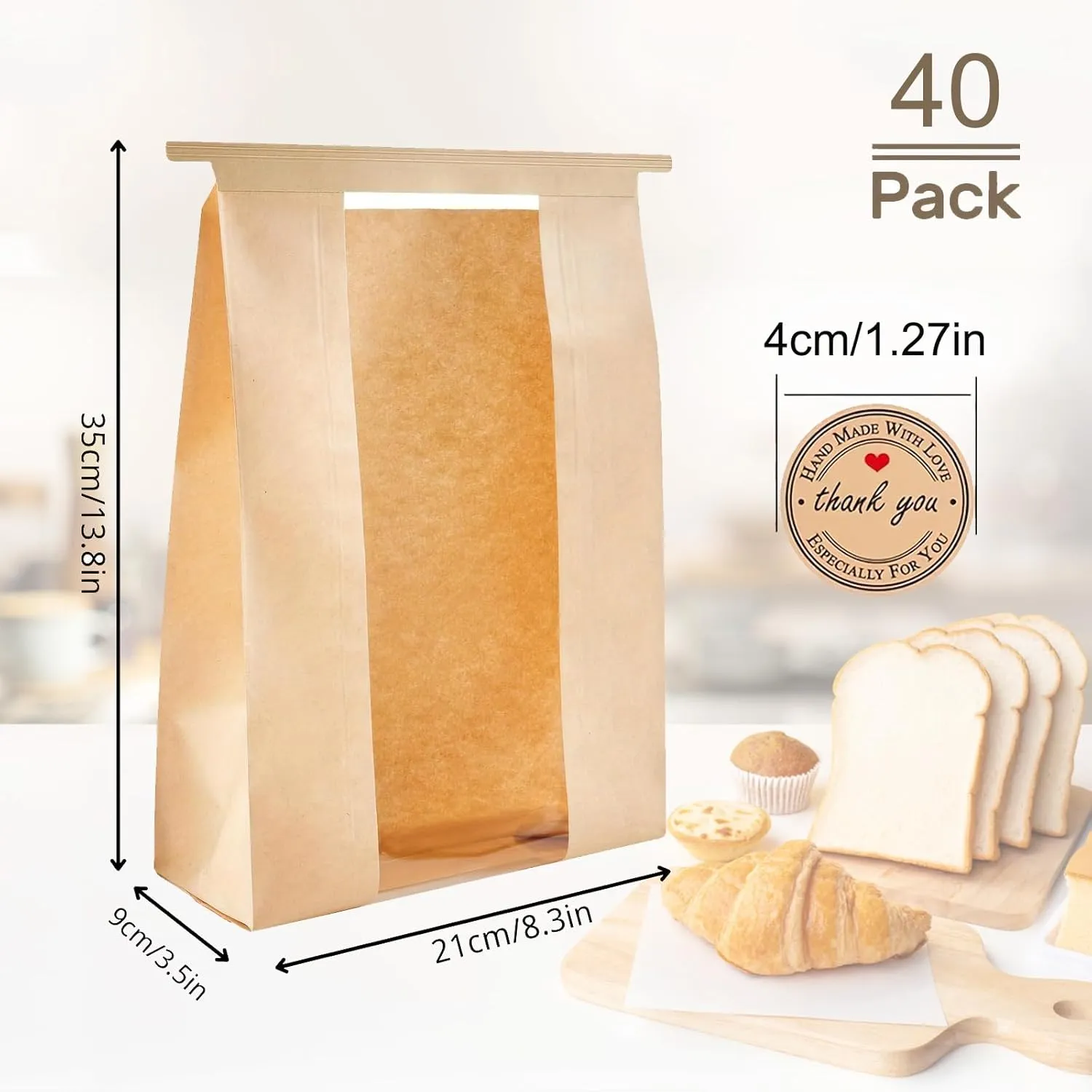 40 Pack Paper Bread Bags for Homemade Bread, Large Loaf Bag with Window Includes 40 Stickers，Food Packaging Storage Popcorn Cookie Treat Bakery Bag