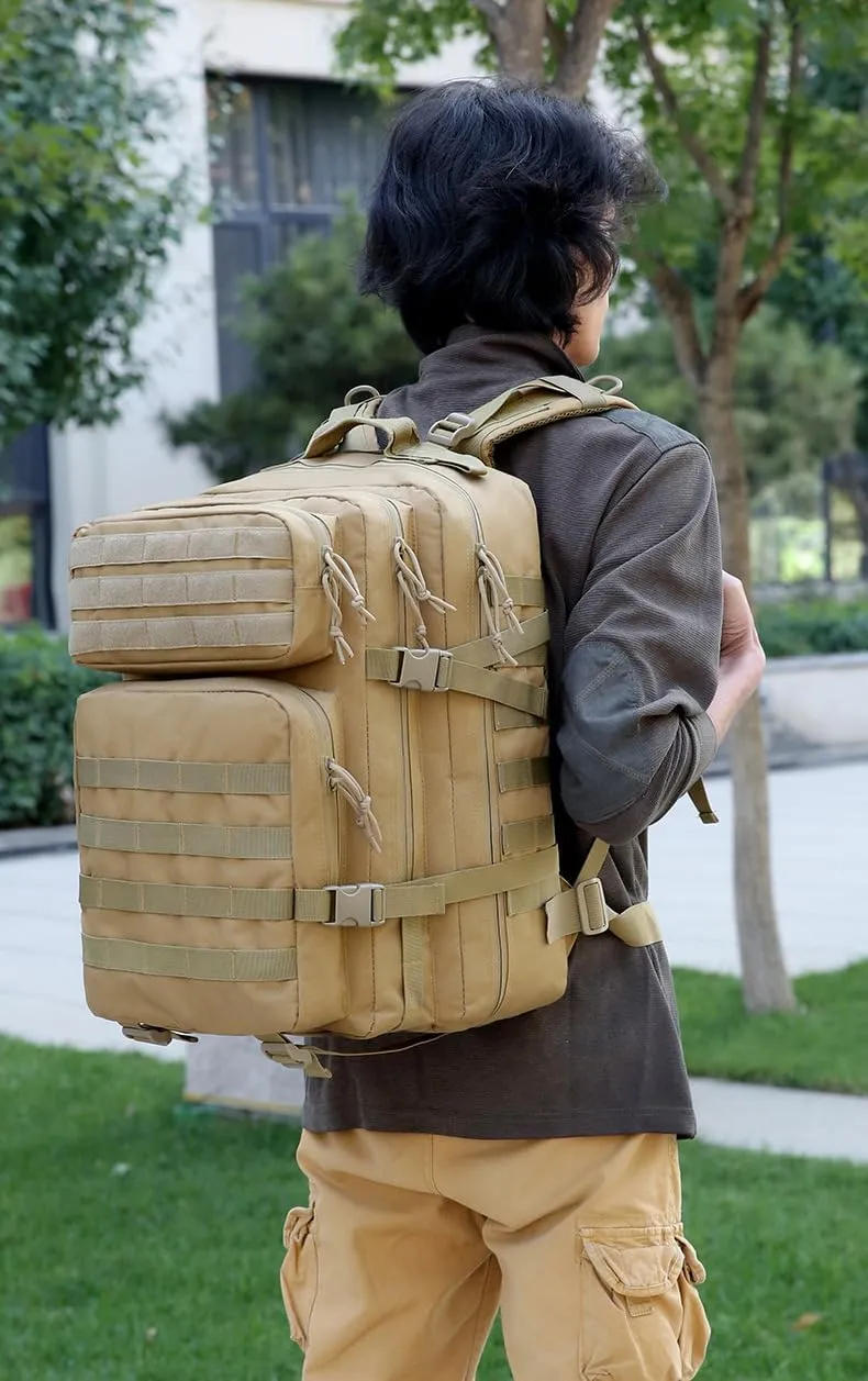 48L 3-day Tactical backpack heavy duty zipper，Hiking Camping Hunting Climbing backpack Nylon canvas Knapsack Outdoor backpack (01#khaki)