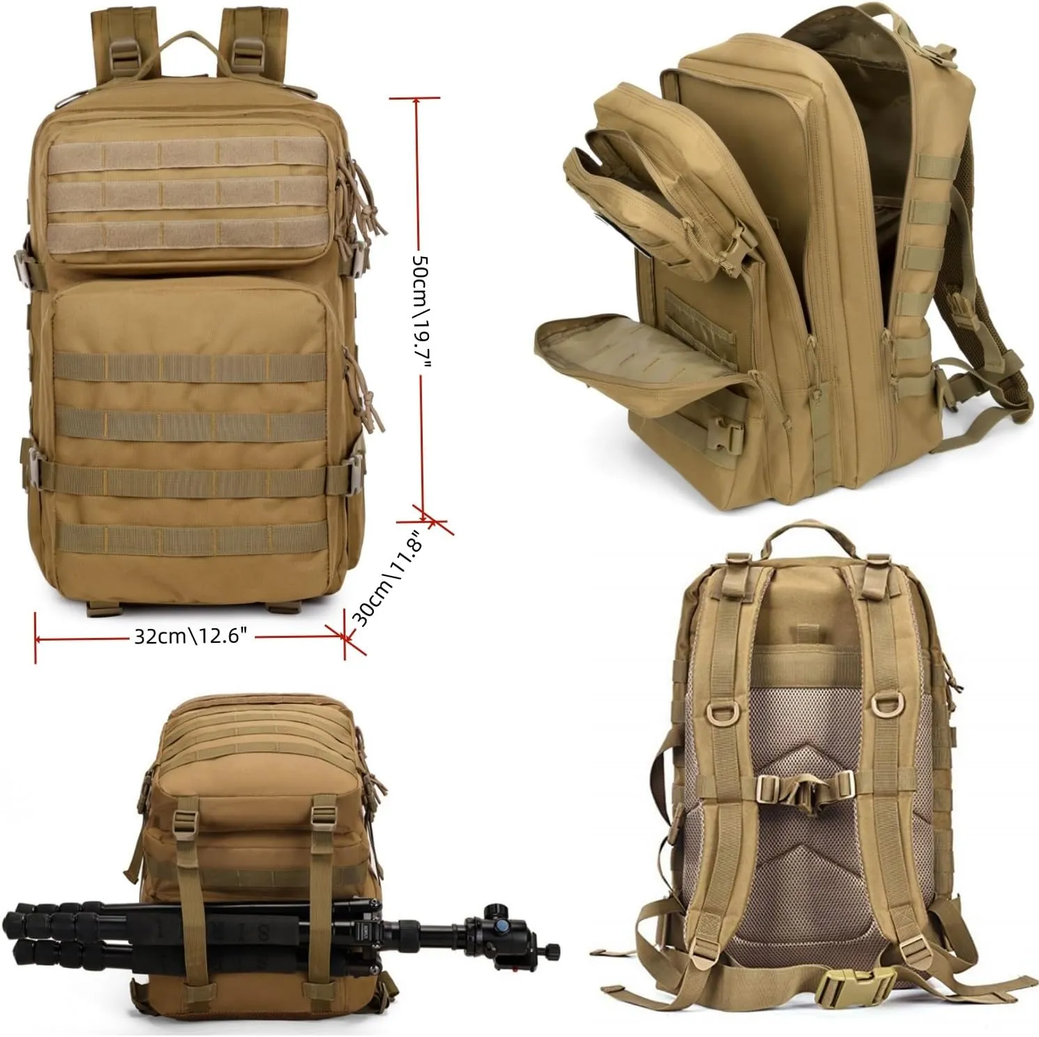48L 3-day Tactical backpack heavy duty zipper，Hiking Camping Hunting Climbing backpack Nylon canvas Knapsack Outdoor backpack (01#khaki)