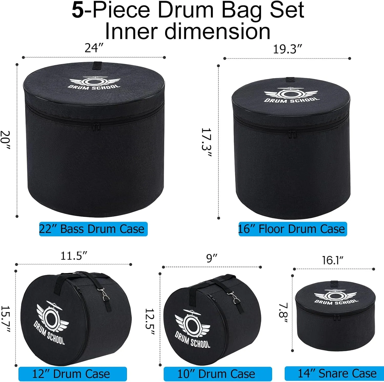 5-pcs Drum Set Bag, Drum Case Padded for 10" Tom, 12" Tom, 14" Snare, 16" Floor Tom, 22'' X 18" Bass Drum, Large Drum Carrying Bag with Shoulder strap and Hanlde (Fusion 16'')