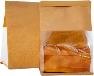 50Pack Bread Bags for Homemade Bread, Paper Bakery Bags with Window, Tin Tie Tab Lock Bags for Toast, Cookie, Coffee (M (6.2’’x10.2’’ 5.1’’))