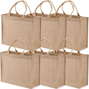 6 Pack Jute Tote Bag Reusable, Burlap Beach Bags with Sturdy Rounded Handles, Sturdy Base Gym Shopping Travel Bag for Easter Women, Mom, Teachers, Friends, Bridesmaids, 15.4''x12.2''x5.9''