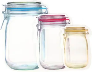 60Pcs 3 Color Mixed Food Saver Storage Bags Mason Jar Pattern Reusable Portable Stand Up Zipper Bags Snack Container Leakproof Package Bag Matt Pouche for Travel Camping (20 yellow 20 Red 20 Blue)