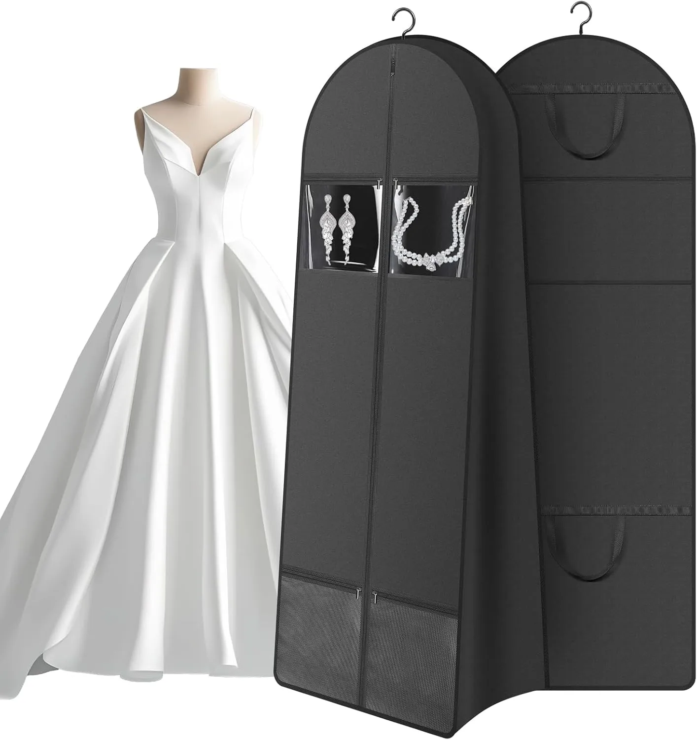 68" Portable Wedding Dress Garment Bag with 10'' gusseted and Accessory Pockets, Heavy Duty Waterproof Hanging Dress Bag with Handles for Wedding Dress, Long Costume Dresses, Ballgowns