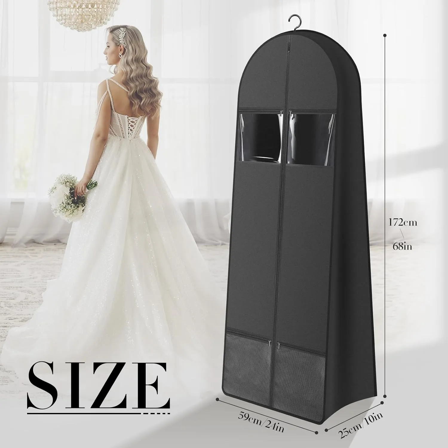 68" Portable Wedding Dress Garment Bag with 10'' gusseted and Accessory Pockets, Heavy Duty Waterproof Hanging Dress Bag with Handles for Wedding Dress, Long Costume Dresses, Ballgowns