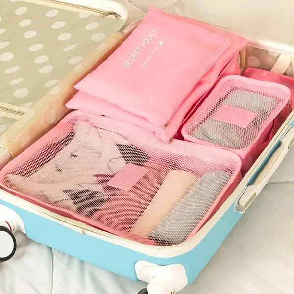6pcs Waterproof Travel Storage Bags Luggage Organizer - Pink