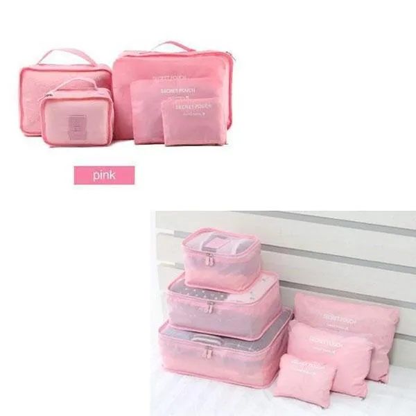 6pcs Waterproof Travel Storage Bags Luggage Organizer - Pink