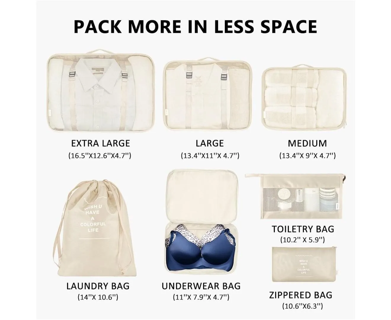 7Pcs Storage Bag Travel Packing Pouches Luggage Organiser Clothes Suitcase Beige