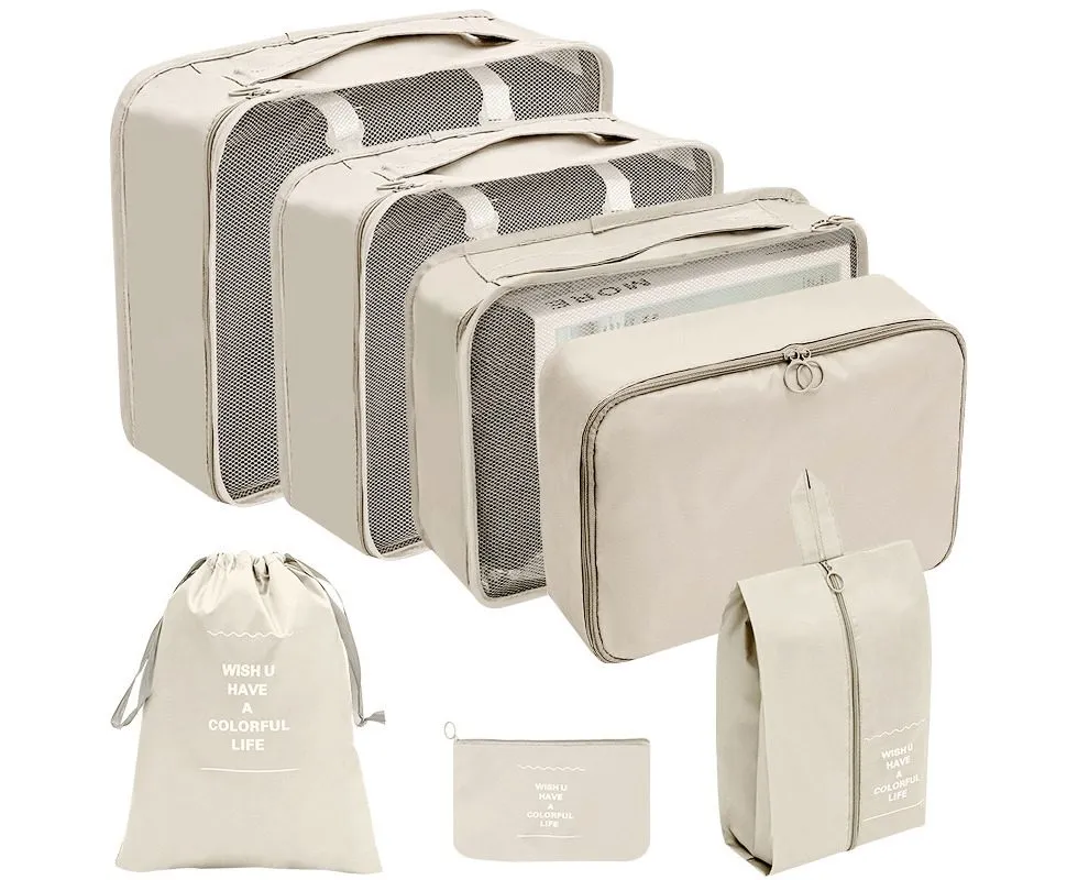 7Pcs Storage Bag Travel Packing Pouches Luggage Organiser Clothes Suitcase Beige
