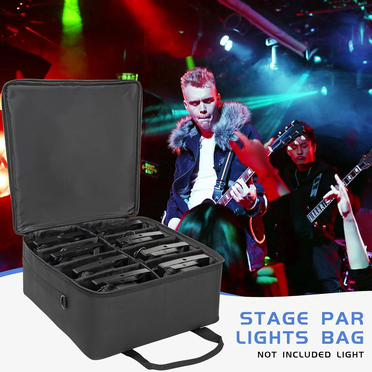 8 Par Spotlight Bag Stage Lighting Storage Bag 5/16'' Padded 8 Par Lights Bag with Dividers, Handle, Strap, Black