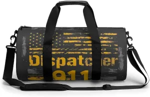 911 U.S. Flag Dispatcher Gym Bag for Men Women Cylindrical Gym Duffle Bags Travel Sports Carryon Gymbag 17.7in/9in/9in