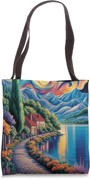 A vibrant and colorful landscape painting. At the forefront, Tote Bag