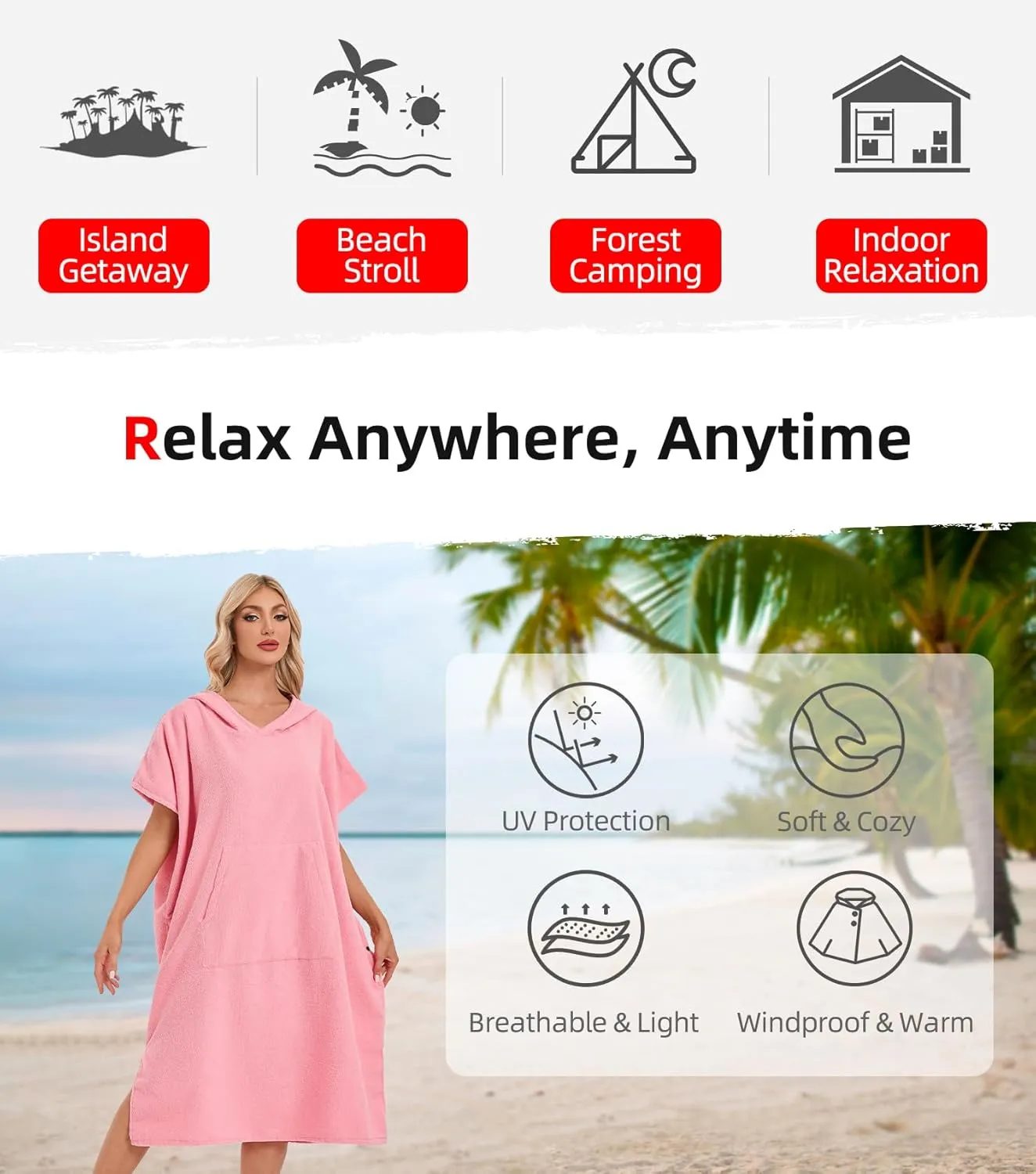 Abahub Surf Poncho Men & Women Towel Poncho Adult with Hood, Thick Quick Dry Changing Poncho Towel, Microfiber Wearable Cover Up for Surfing Beach Swim - Absorbent Changing Towel M (Pink)