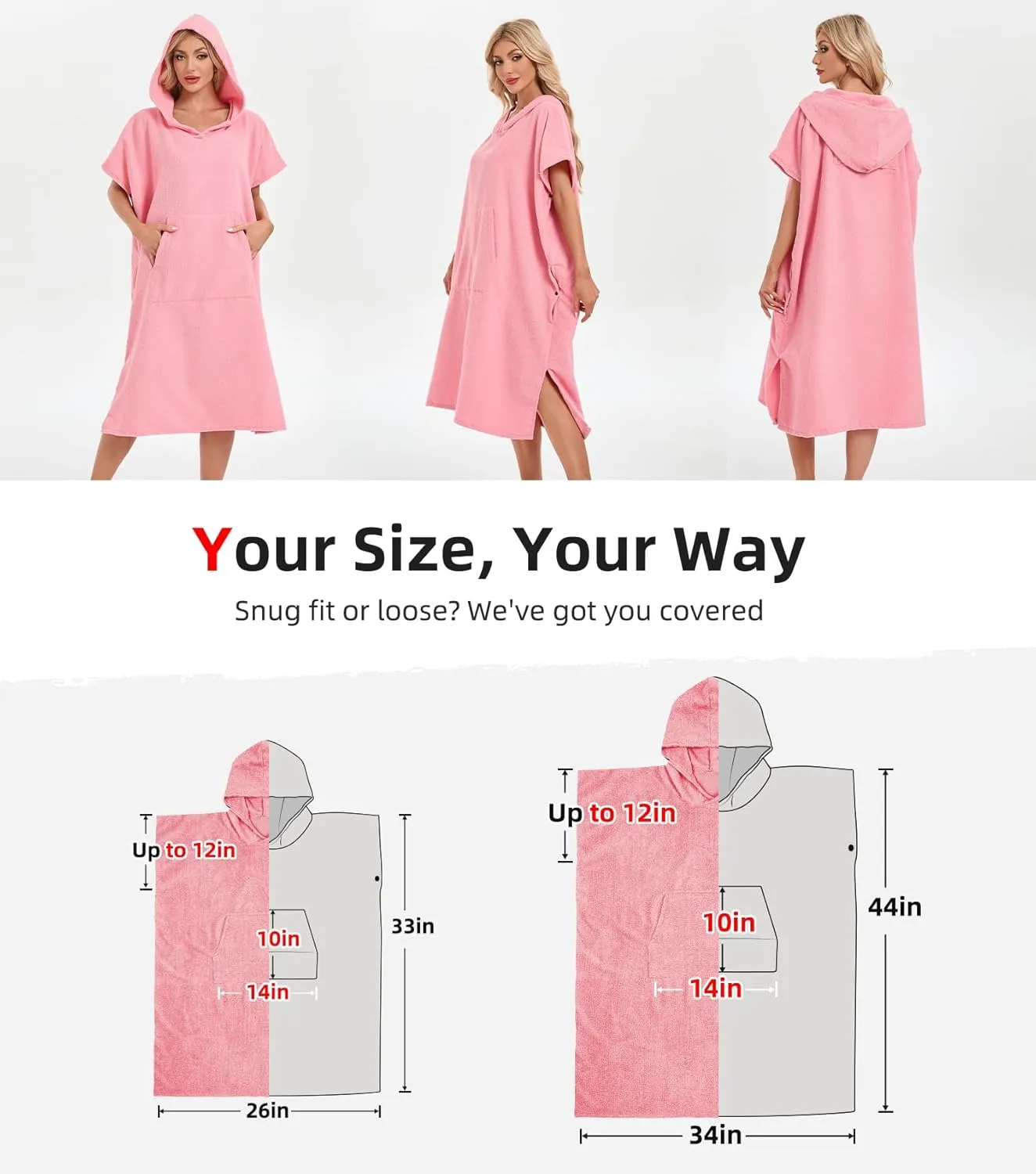 Abahub Surf Poncho Men & Women Towel Poncho Adult with Hood, Thick Quick Dry Changing Poncho Towel, Microfiber Wearable Cover Up for Surfing Beach Swim - Absorbent Changing Towel M (Pink)