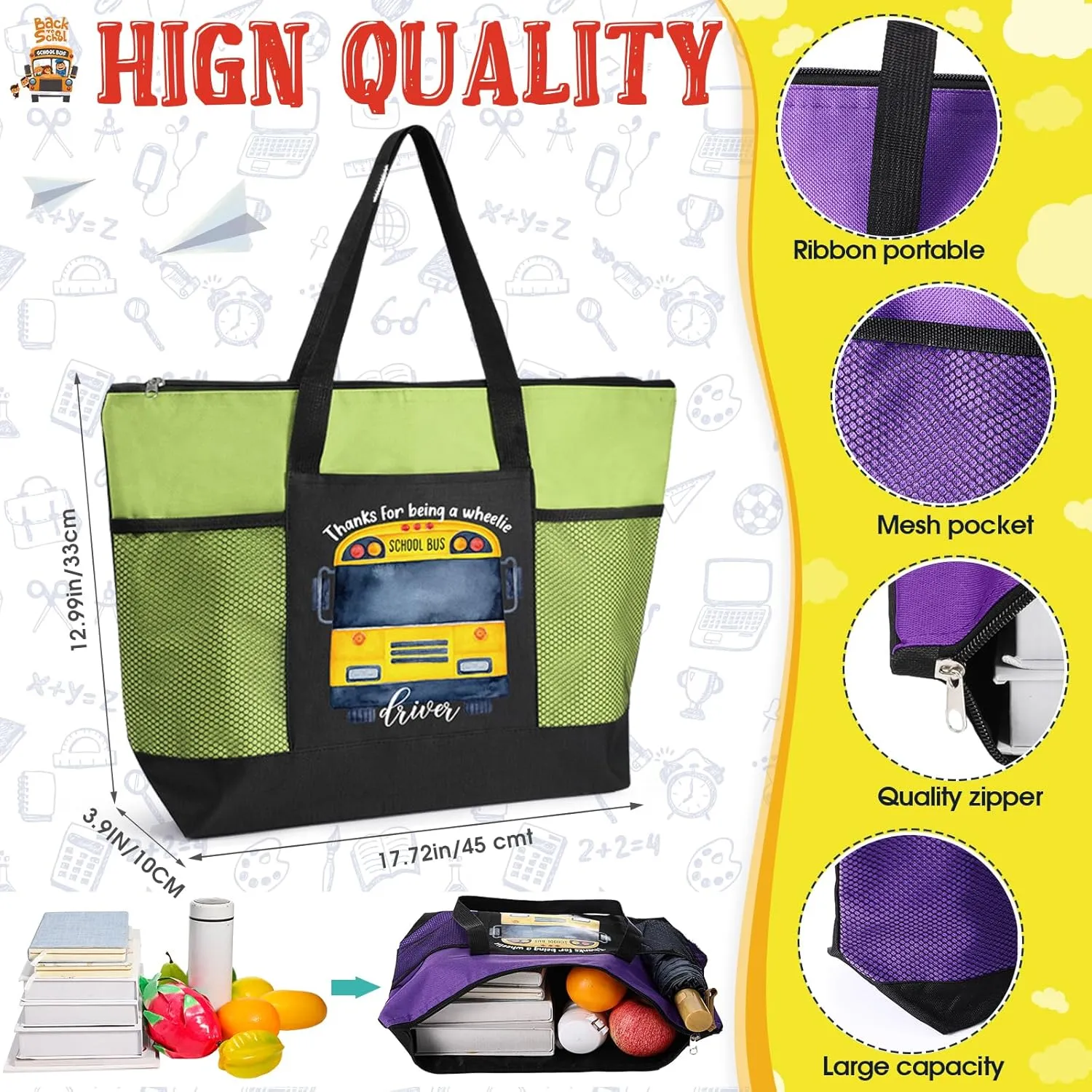 Abbylike 5 Pcs Bus Driver Gifts Tote Bags School Bus Driver Appreciation Gift Graduation Tote Bags Zipper for Women Men