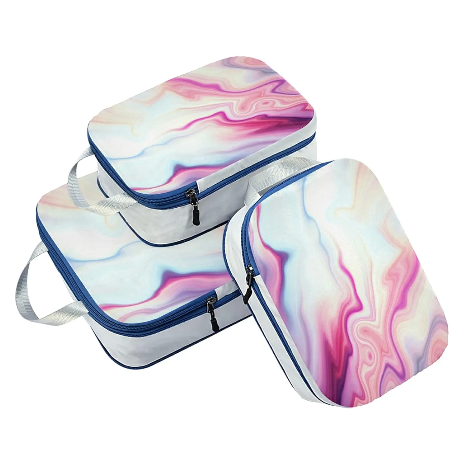 Abstract Liquid Marble Agate Slab Paint Pastel Pink Macro Wavy Lines 3 Piece set Cubes Expandable Adjustable Luggage Packing Bags, Ultralight Organizer Accessories Travel Suitcase Compressible Bags