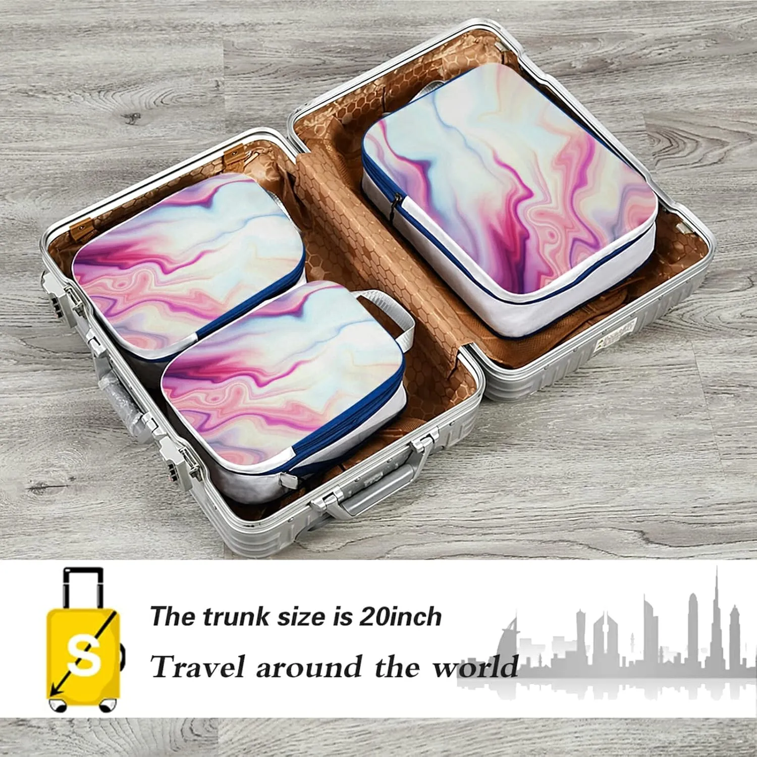 Abstract Liquid Marble Agate Slab Paint Pastel Pink Macro Wavy Lines 3 Piece set Cubes Expandable Adjustable Luggage Packing Bags, Ultralight Organizer Accessories Travel Suitcase Compressible Bags