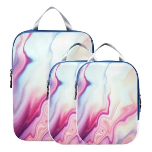 Abstract Liquid Marble Agate Slab Paint Pastel Pink Macro Wavy Lines 3 Piece set Cubes Expandable Adjustable Luggage Packing Bags, Ultralight Organizer Accessories Travel Suitcase Compressible Bags