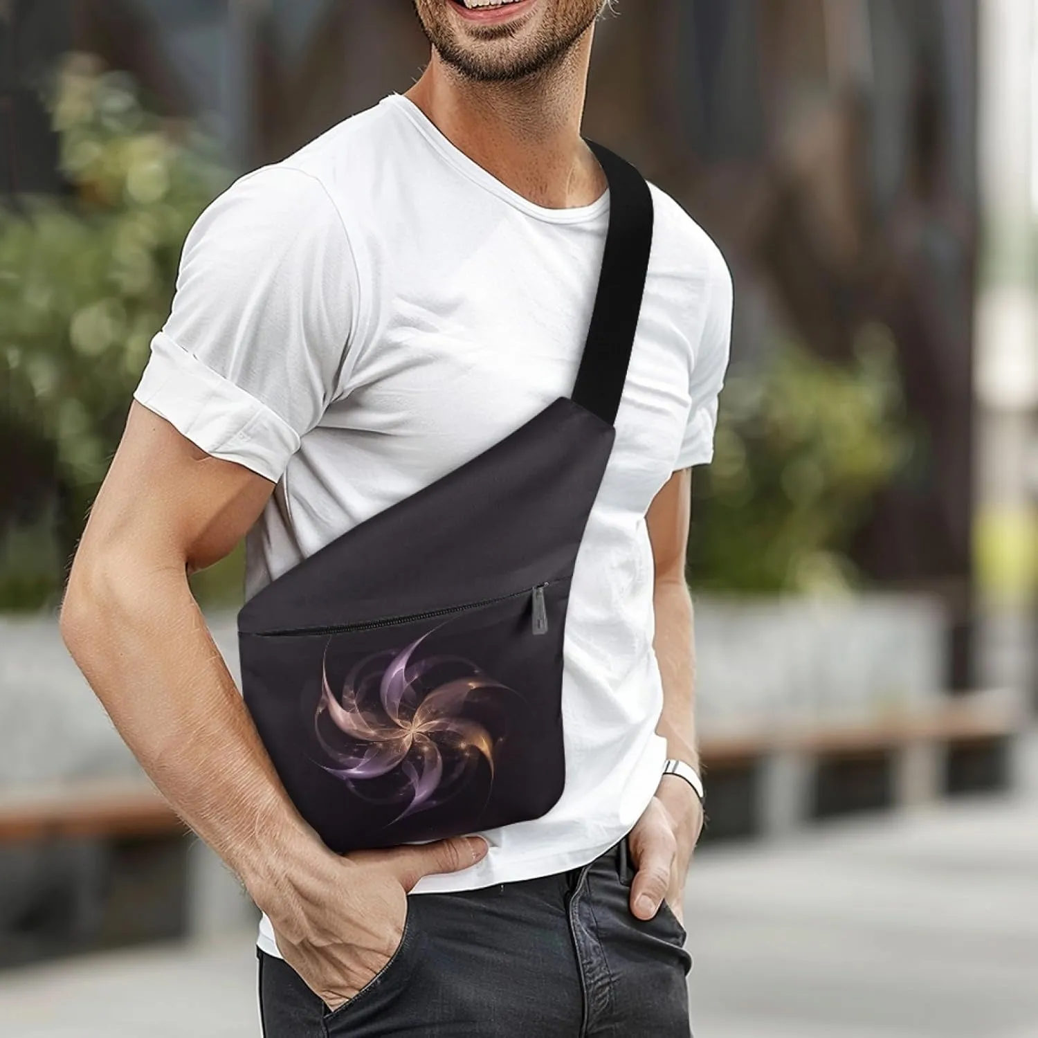 Abstract Windmill Flower Man Sling Bag for Gentlemen Black Shoulder Bag with Front Pocket Cross Body Bag for Men Gentleman Multifunctional Chest Bag for Father Handbag