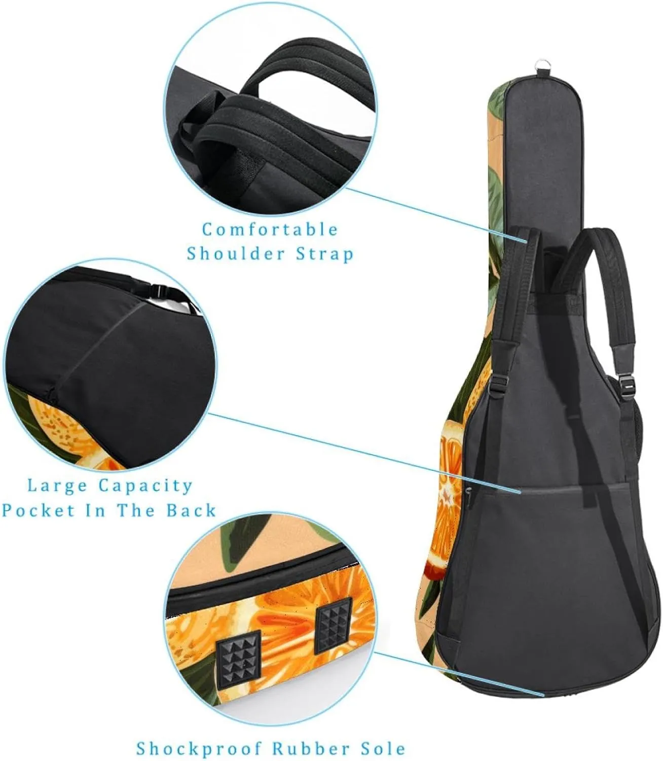 Acoustic Guitar Bag 1 cm Thick Padding, Waterproof Oxford Cloth Guitar Bag Backpack for 40-42 Inch Electric Bass Classical Guitars, Fruits Orange