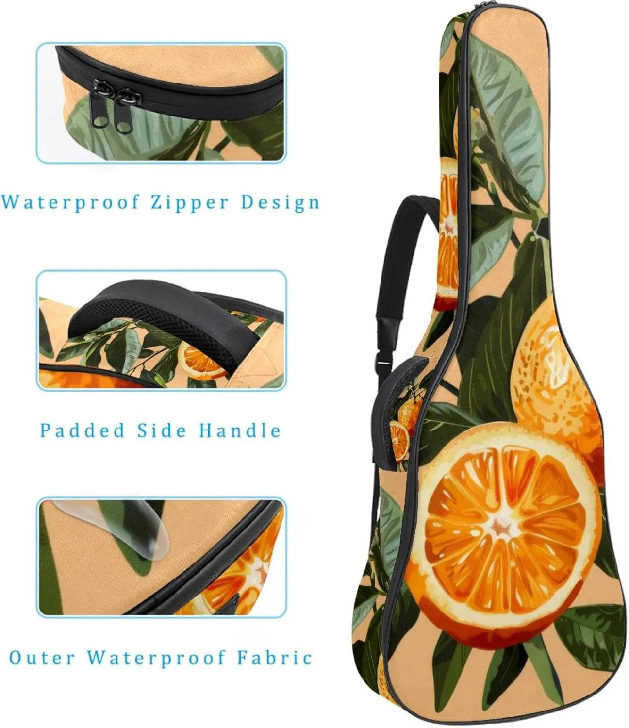 Acoustic Guitar Bag 1 cm Thick Padding, Waterproof Oxford Cloth Guitar Bag Backpack for 40-42 Inch Electric Bass Classical Guitars, Fruits Orange
