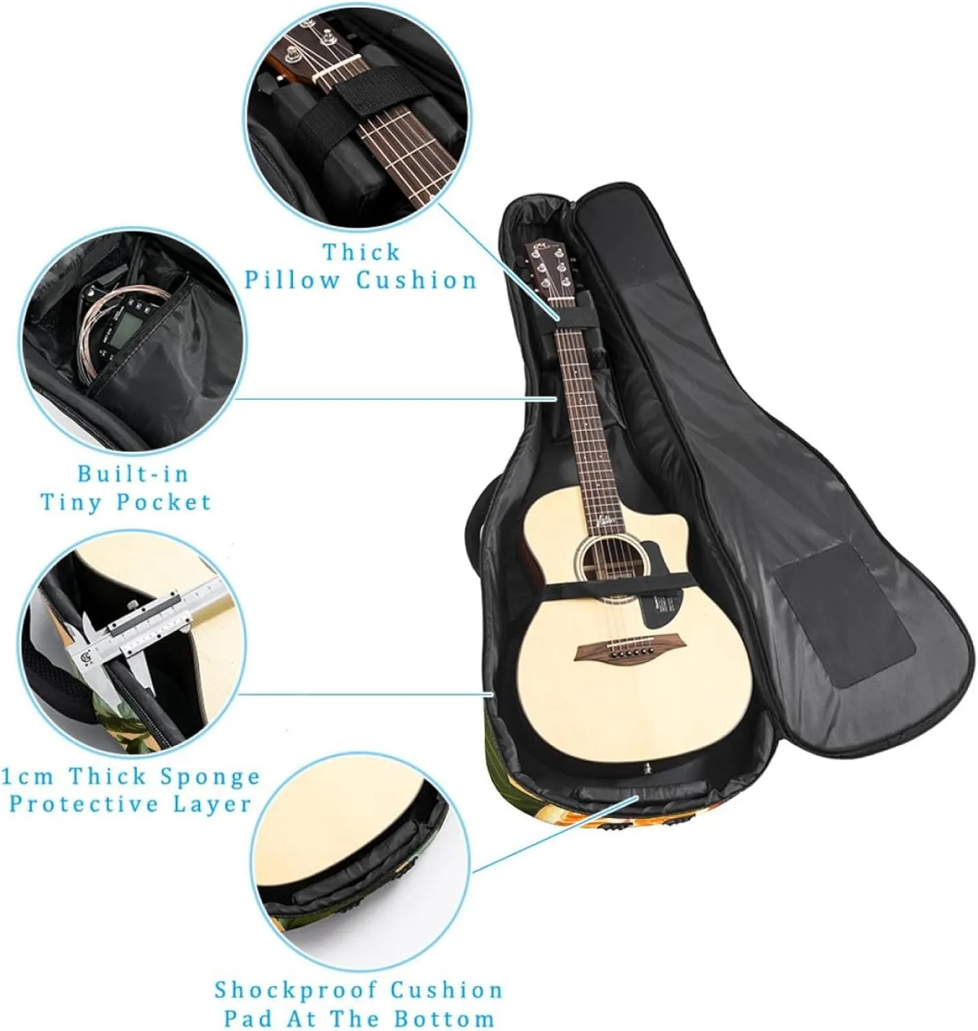 Acoustic Guitar Bag 1 cm Thick Padding, Waterproof Oxford Cloth Guitar Bag Backpack for 40-42 Inch Electric Bass Classical Guitars, Fruits Orange