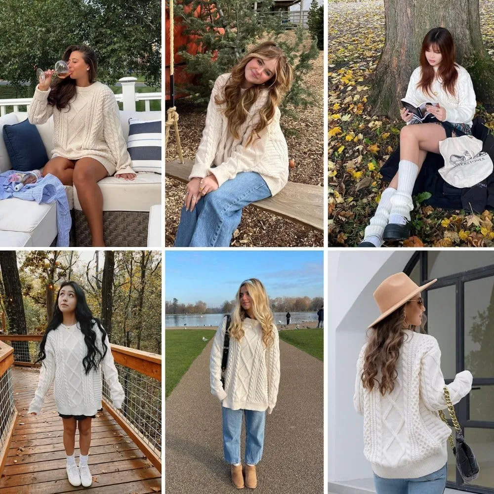 Aelfric Eden Women Sweater Vintage Cable Knit Sweater Casual Oversized Sweater Pullover
