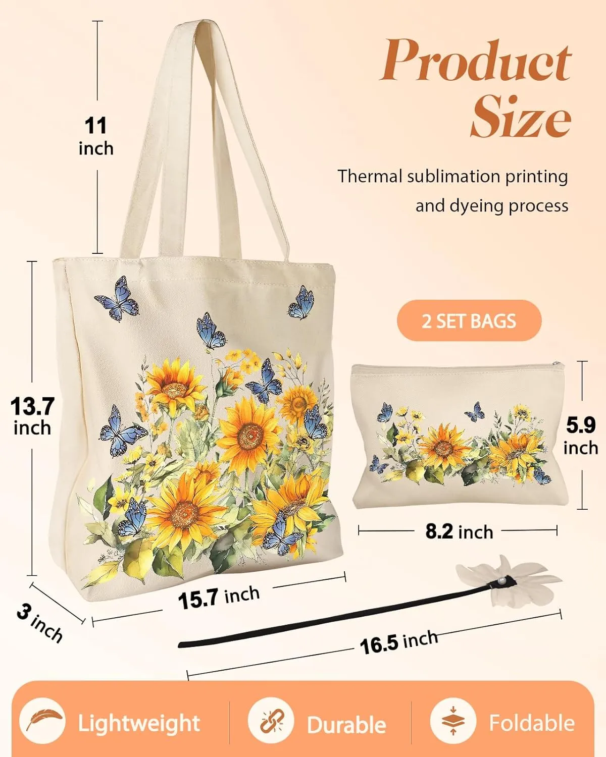 Aesthetic 2 Pack Canvas Tote Bag - with Makeup Pouch Bag for Women Reusable Grocery Bag for Gym, Travel, Work