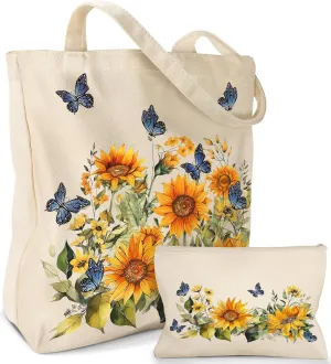 Aesthetic 2 Pack Canvas Tote Bag - with Makeup Pouch Bag for Women Reusable Grocery Bag for Gym, Travel, Work