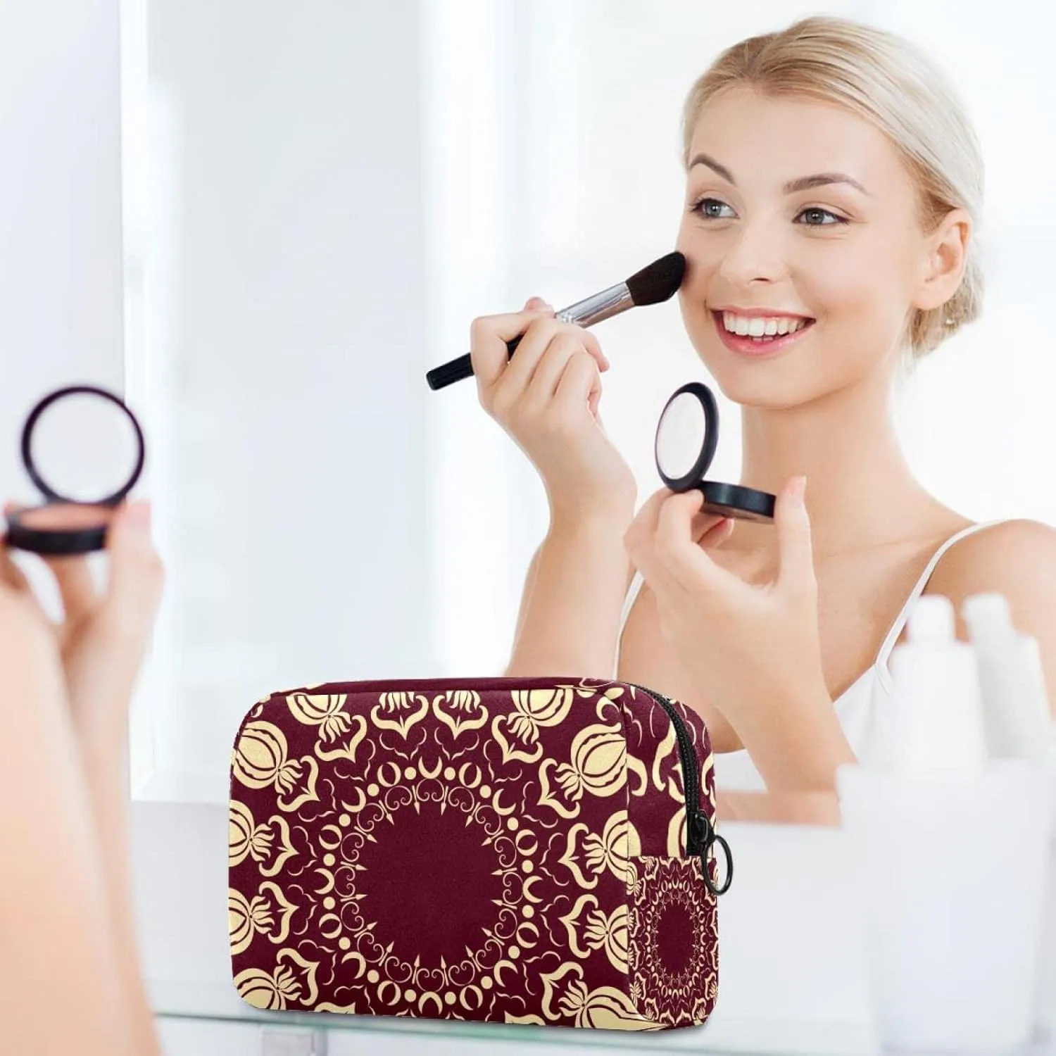 Aesthetic Arabian Style Arabesque Small Makeup Bag for Purse, Portable Cosmetic Bag Zipper Makeup Pouch for Women, Stationery, Toiletries, Travel Accessories