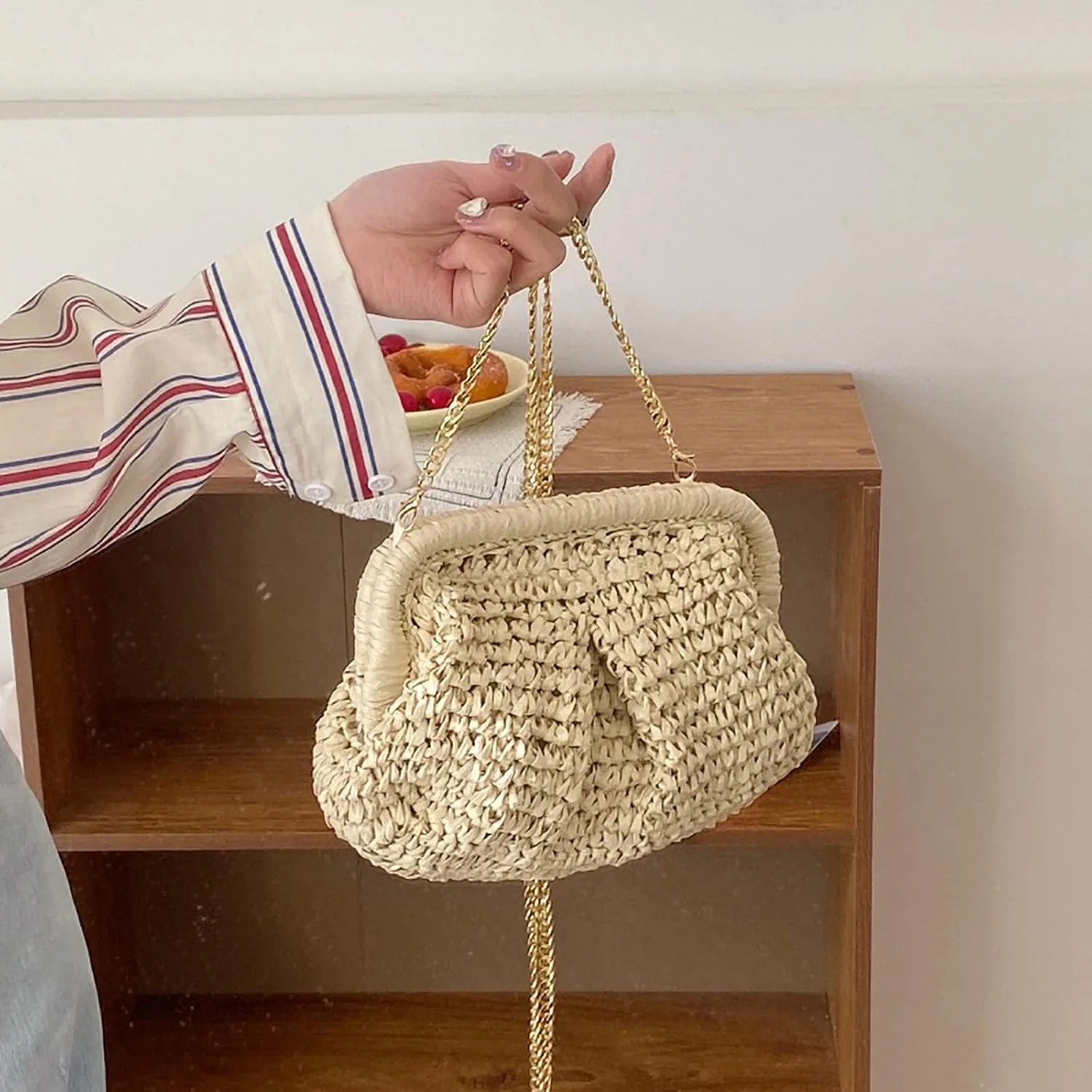 Afashor Straw Clutch Purse for Women Summer Beach Woven Evening Bag Dumpling Casual Shoulder Handbag