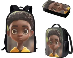 African Boy Backpack Set 3 Pcs for Primary Junior School Durable Laptop Bookbag with Lunch Box Pencil Case for Boys Teens Students Work Travel
