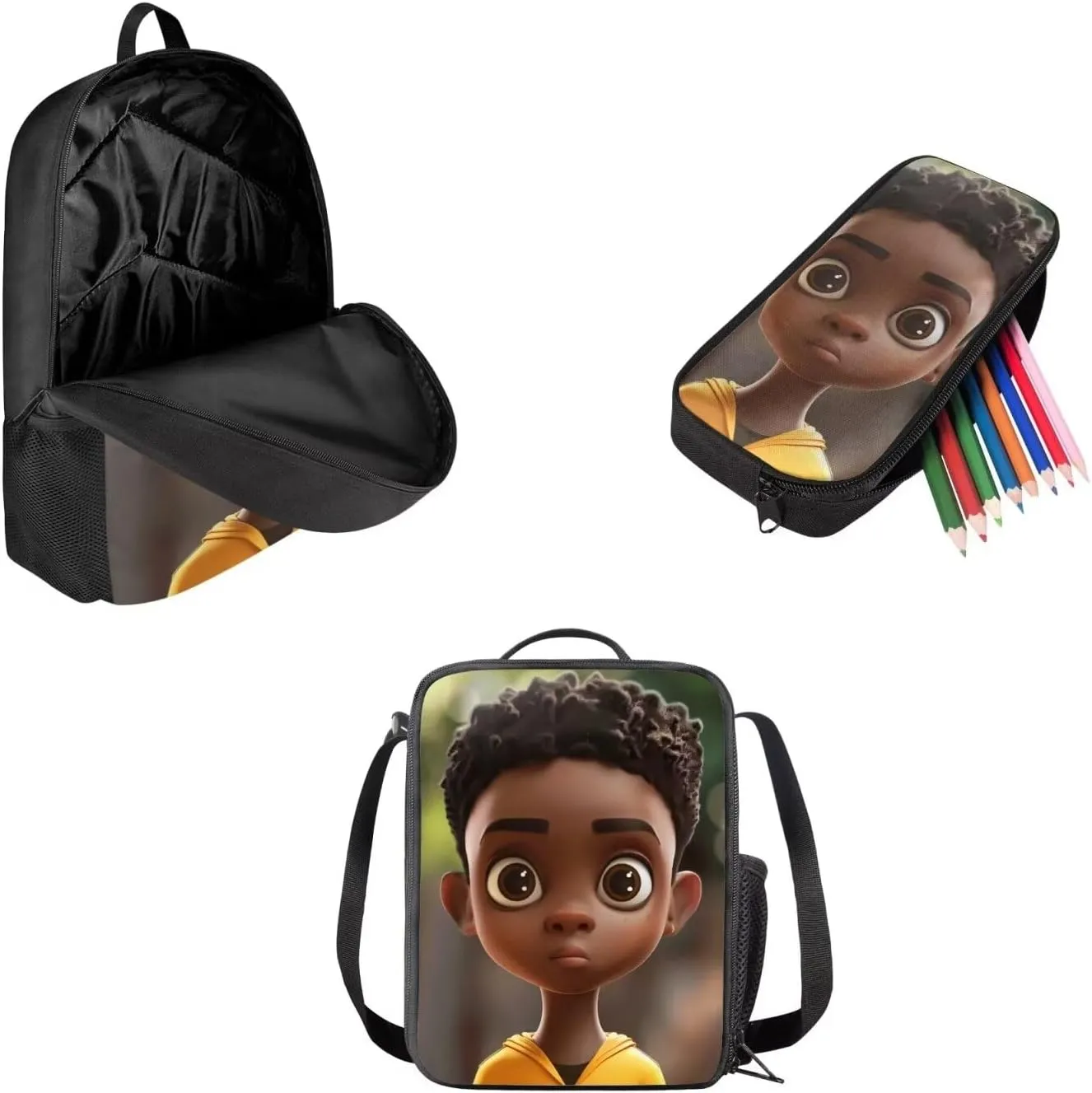 African Boy Backpack Set 3 Pcs for Primary Junior School Durable Laptop Bookbag with Lunch Box Pencil Case for Boys Teens Students Work Travel