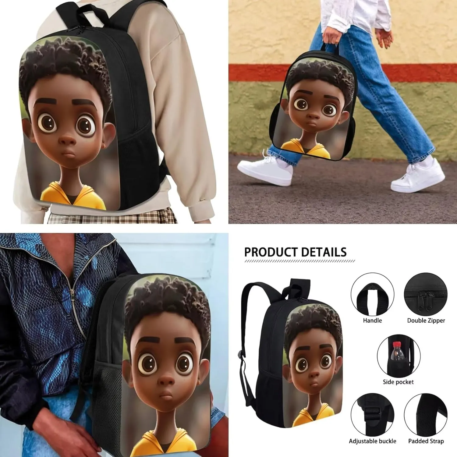 African Boy Backpack Set 3 Pcs for Primary Junior School Durable Laptop Bookbag with Lunch Box Pencil Case for Boys Teens Students Work Travel