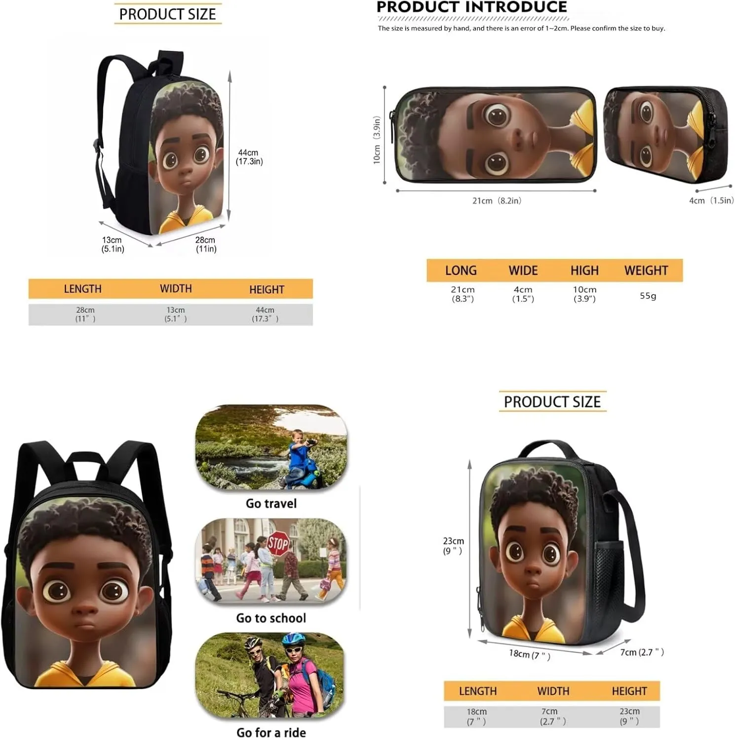 African Boy Backpack Set 3 Pcs for Primary Junior School Durable Laptop Bookbag with Lunch Box Pencil Case for Boys Teens Students Work Travel