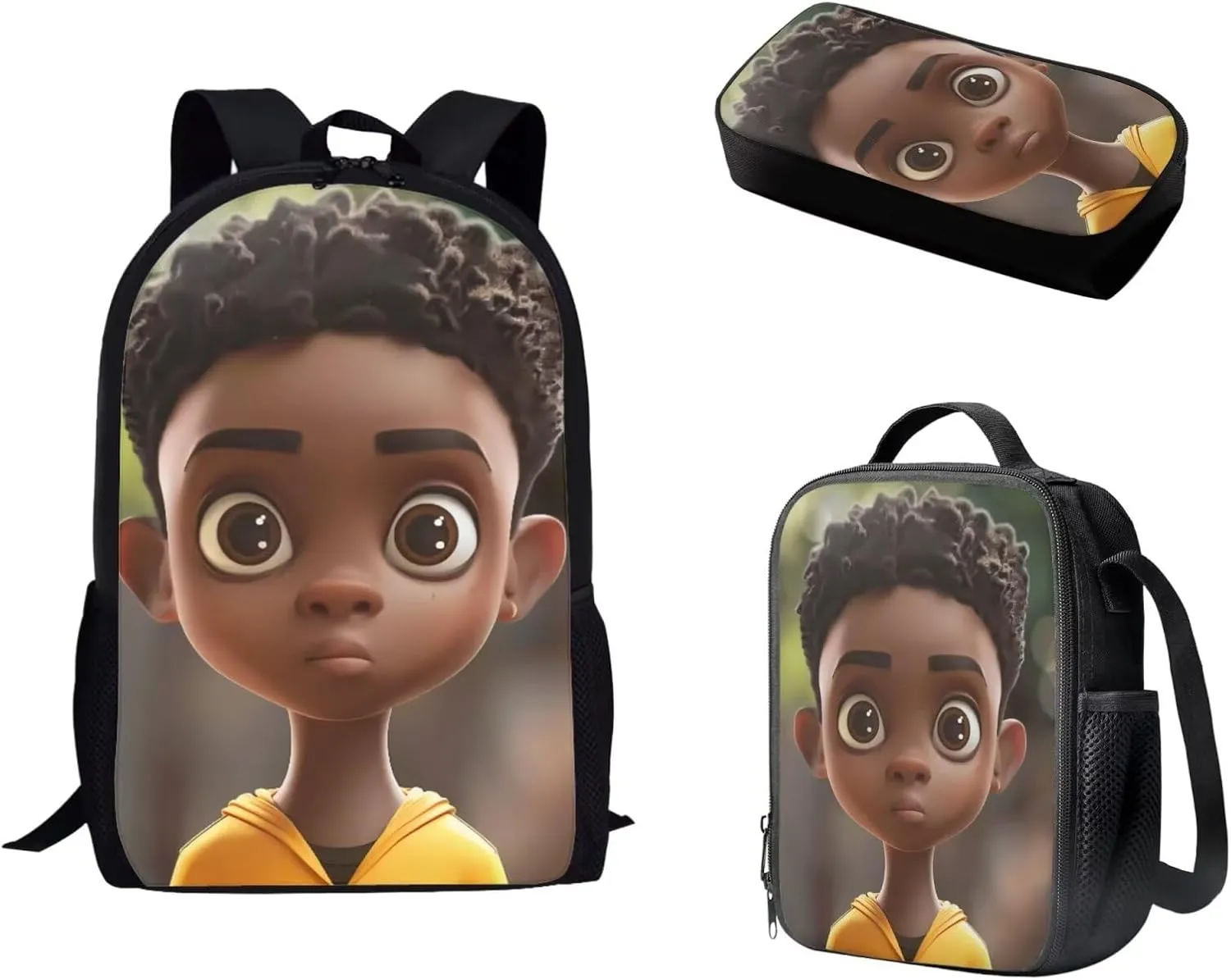 African Boy Backpack Set 3 Pcs for Primary Junior School Durable Laptop Bookbag with Lunch Box Pencil Case for Boys Teens Students Work Travel