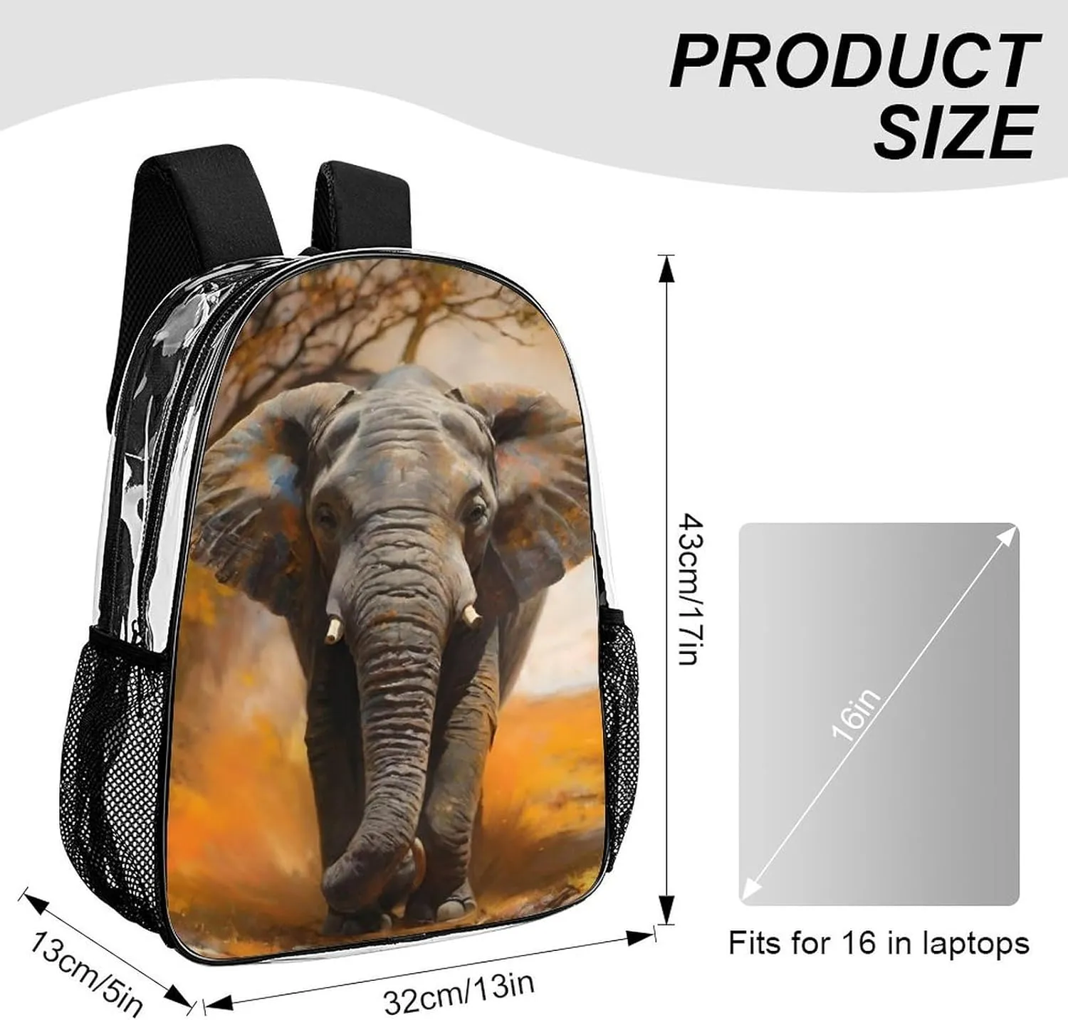 African Elephant Daypack Backpack Transparent Multipurpose Anti-Theft Shoulder Bag Big Capacity Gym Outdoor Hiking Backpack With Smooth Zippers