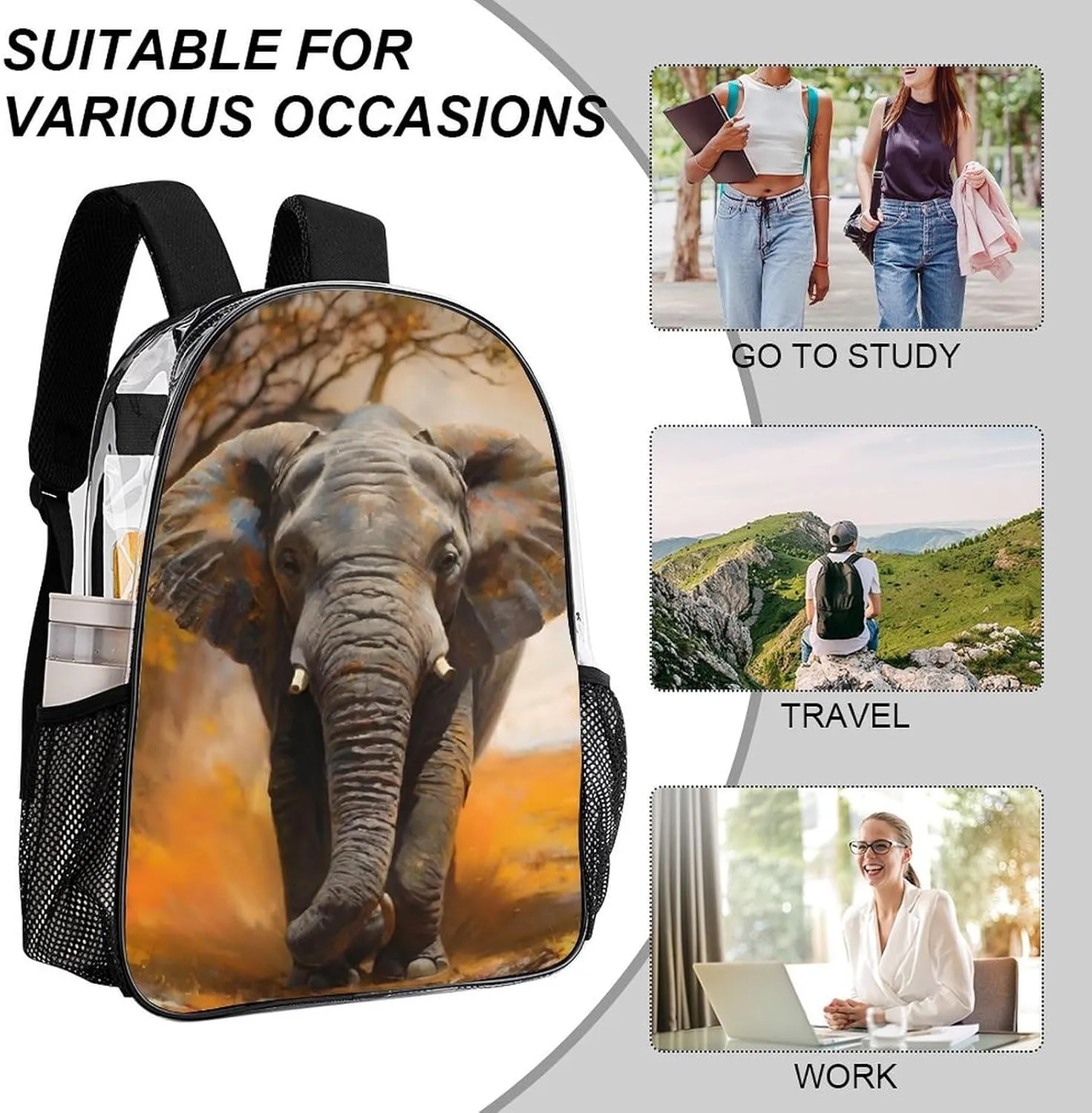 African Elephant Daypack Backpack Transparent Multipurpose Anti-Theft Shoulder Bag Big Capacity Gym Outdoor Hiking Backpack With Smooth Zippers