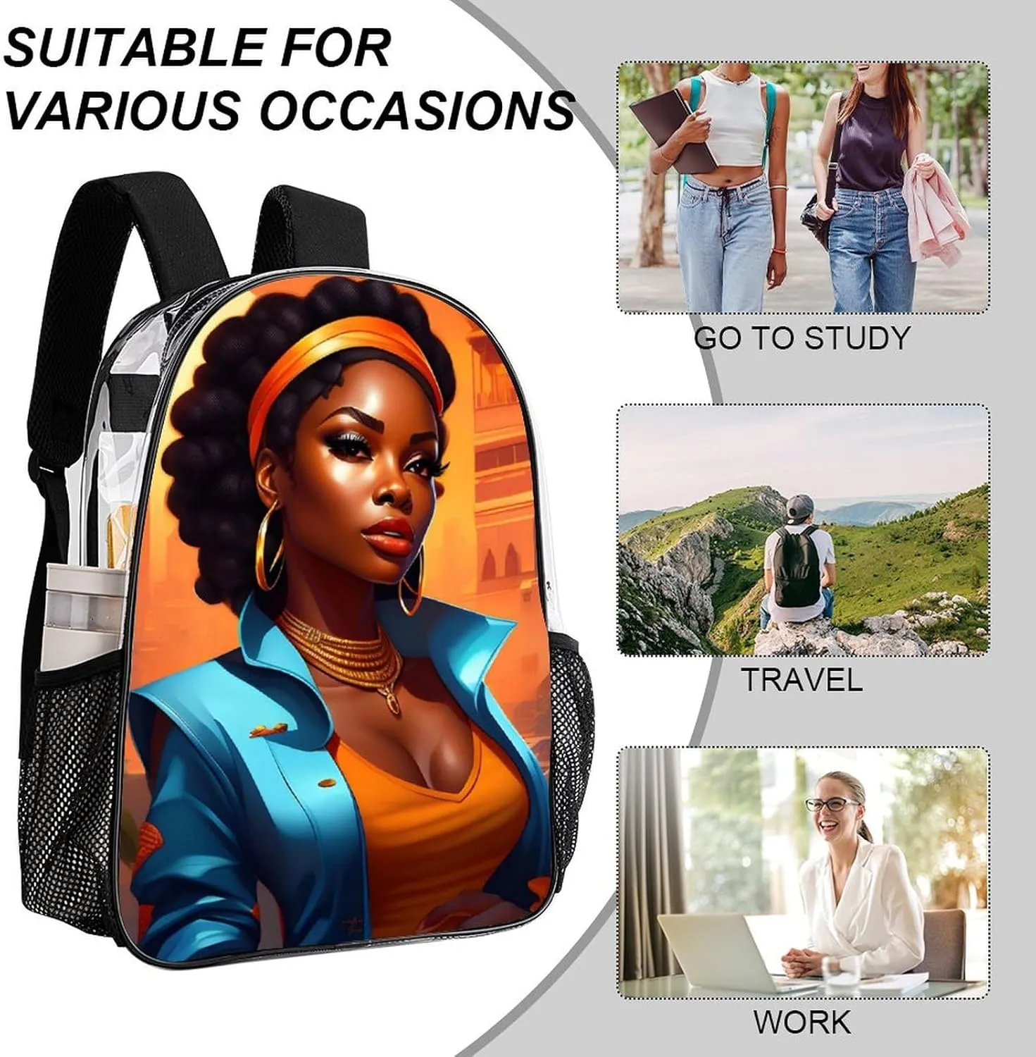 Afro Women African American Black Women Art Rucksack Transparent Anti-Theft Multipurpose Bookbag Big Capacity Travel and Sport Backpack Rucksack With Side Pockets