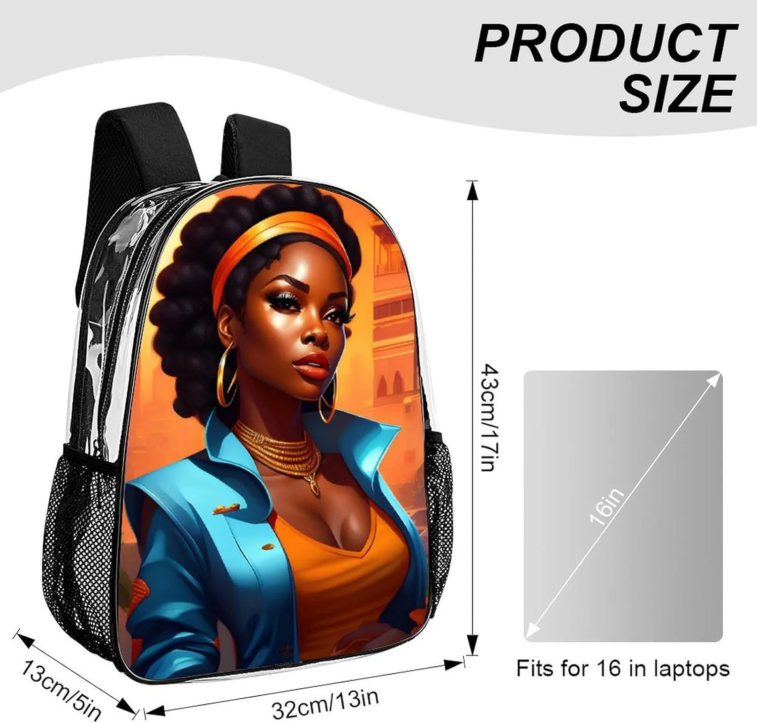 Afro Women African American Black Women Art Rucksack Transparent Anti-Theft Multipurpose Bookbag Big Capacity Travel and Sport Backpack Rucksack With Side Pockets