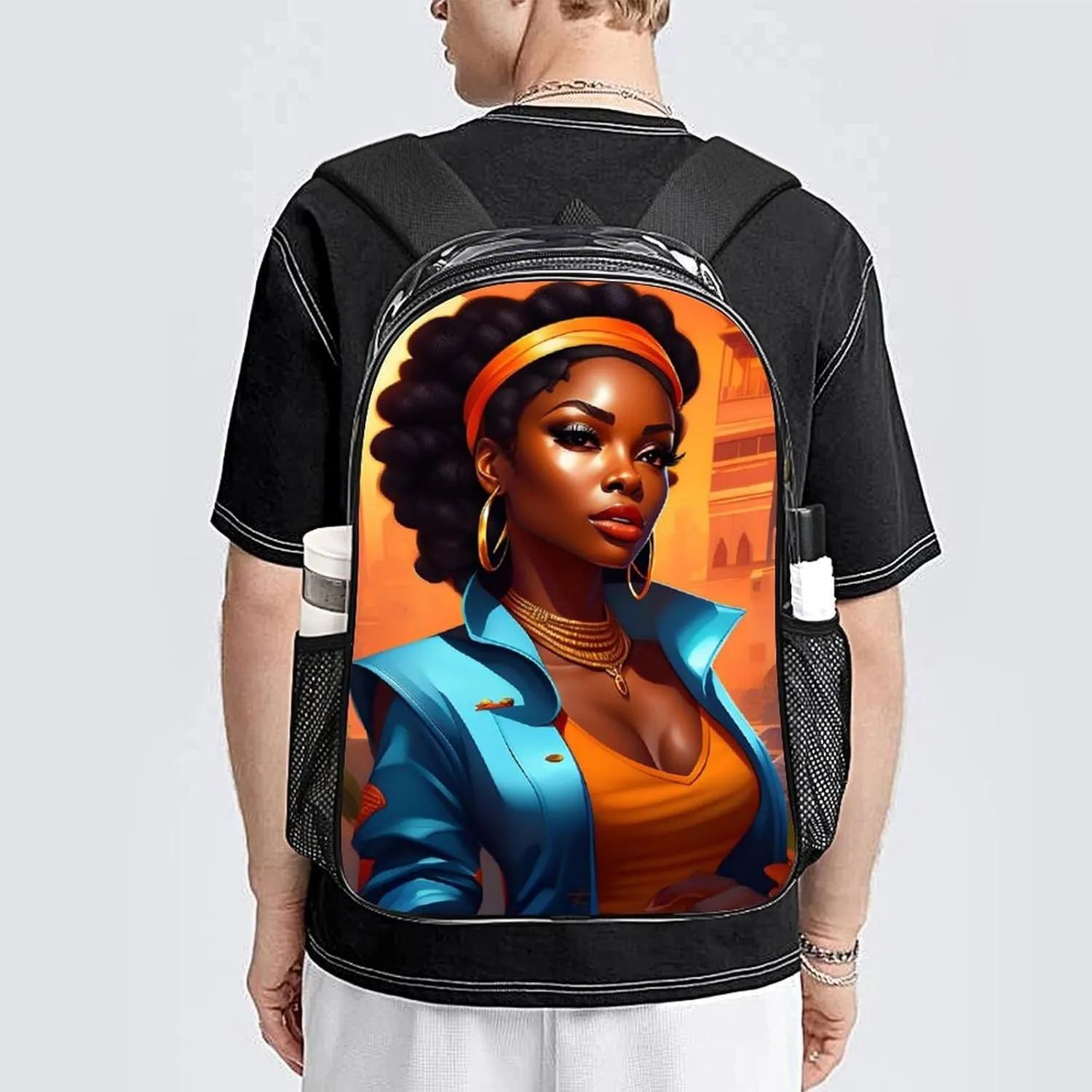 Afro Women African American Black Women Art Rucksack Transparent Anti-Theft Multipurpose Bookbag Big Capacity Travel and Sport Backpack Rucksack With Side Pockets