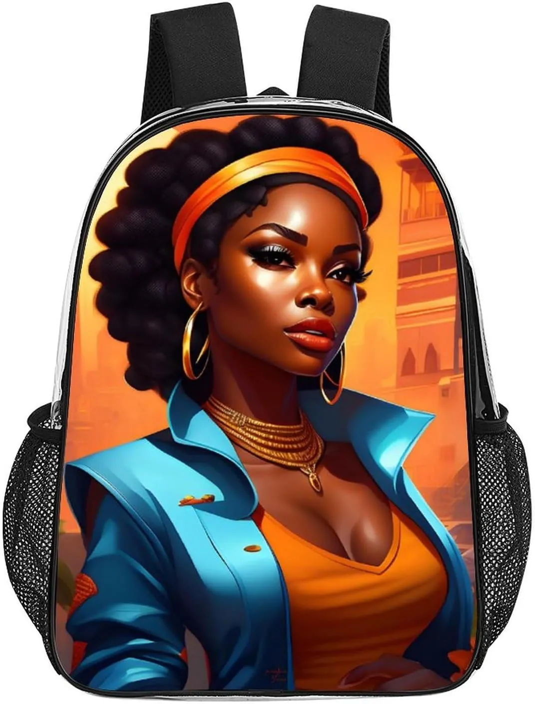 Afro Women African American Black Women Art Rucksack Transparent Anti-Theft Multipurpose Bookbag Big Capacity Travel and Sport Backpack Rucksack With Side Pockets