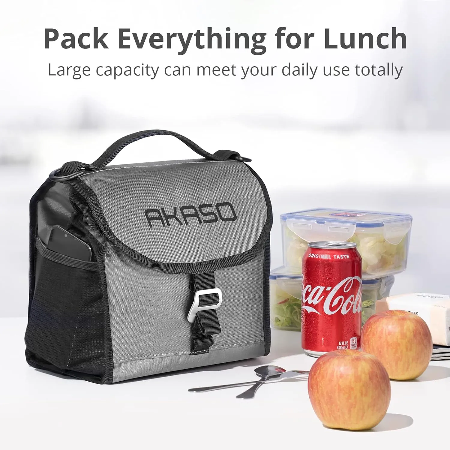 AKASO Insulated Cooler Lunch Bag Packable Lunch Box 12 Can Cooler Bag with Adjustable Shoulder Strap for Office Picnic, Light Gray