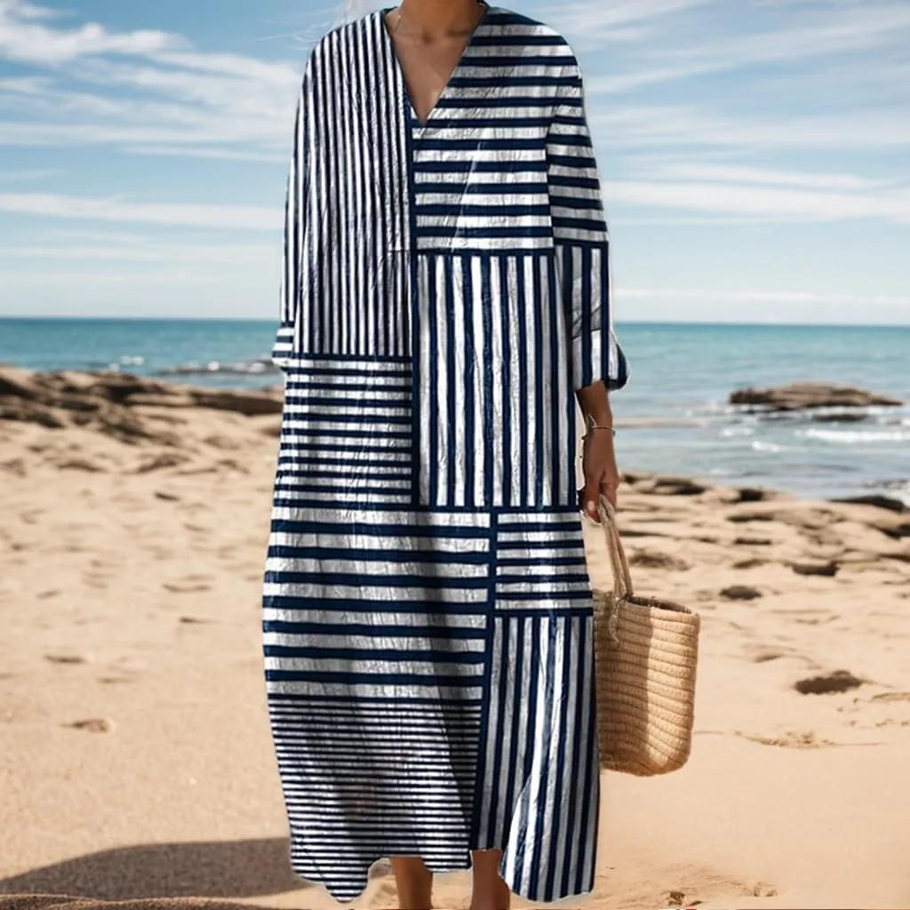 Akivide Women's Oversized Smocked Long Sleeve Boho Dress Spring Summer Casual Floral Print V Neck Maxi Dresses for Women