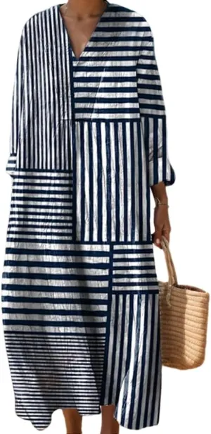 Akivide Women's Oversized Smocked Long Sleeve Boho Dress Spring Summer Casual Floral Print V Neck Maxi Dresses for Women