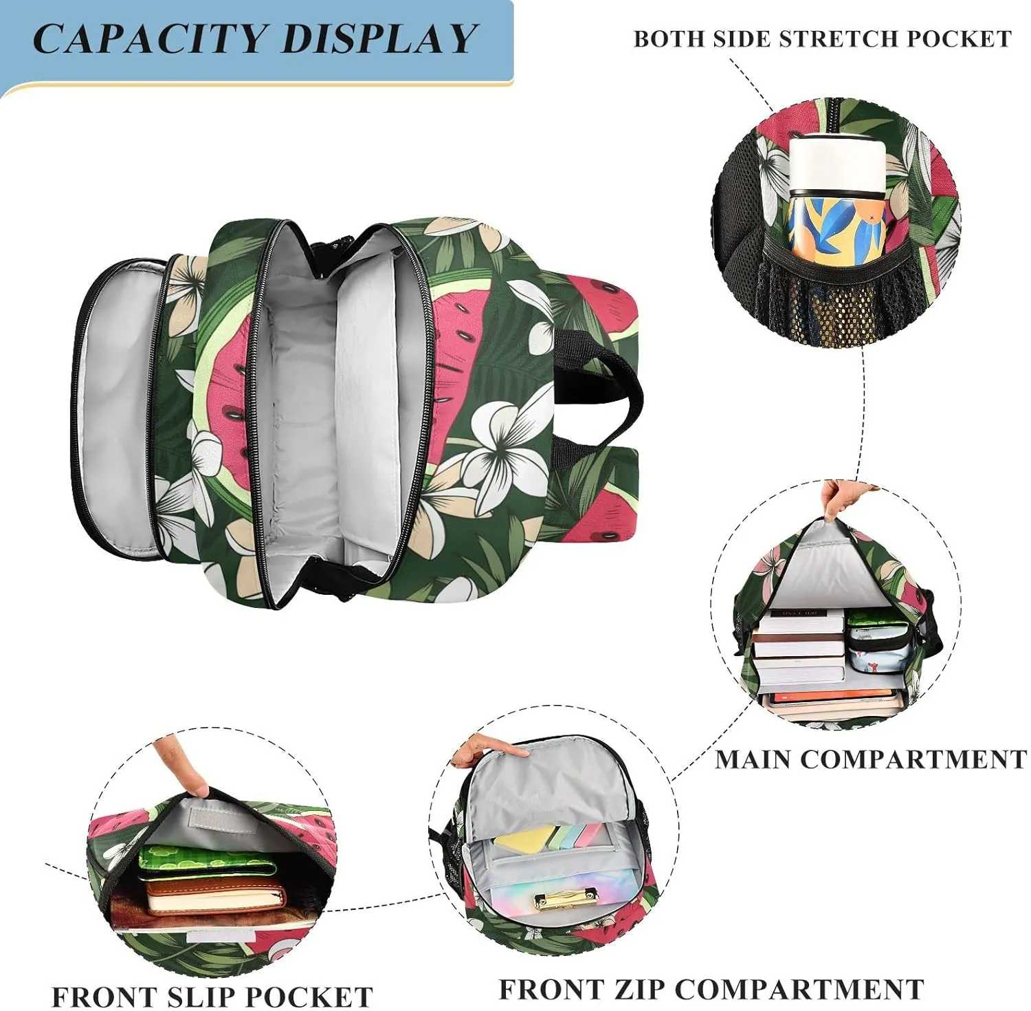 ALAZA Sliced Watermelon Palm Leave Plumerias Casual Backpack Travel Daypack Bookbag
